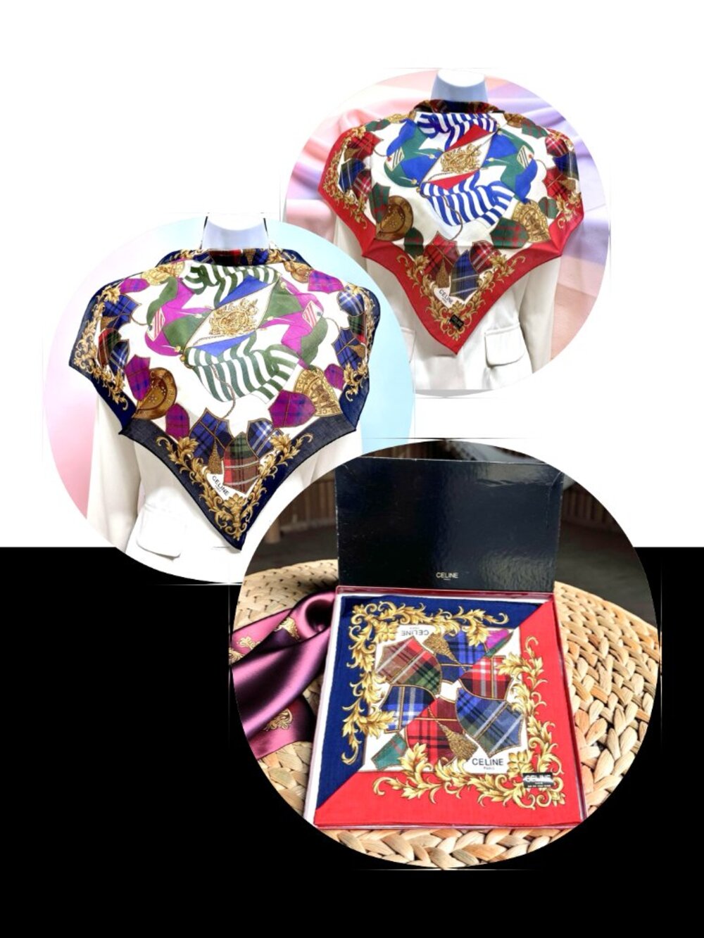 (2) New W/BoxCeline  Neck-Kerchief  19"   Pink Red Blue Green Flag Check  (79